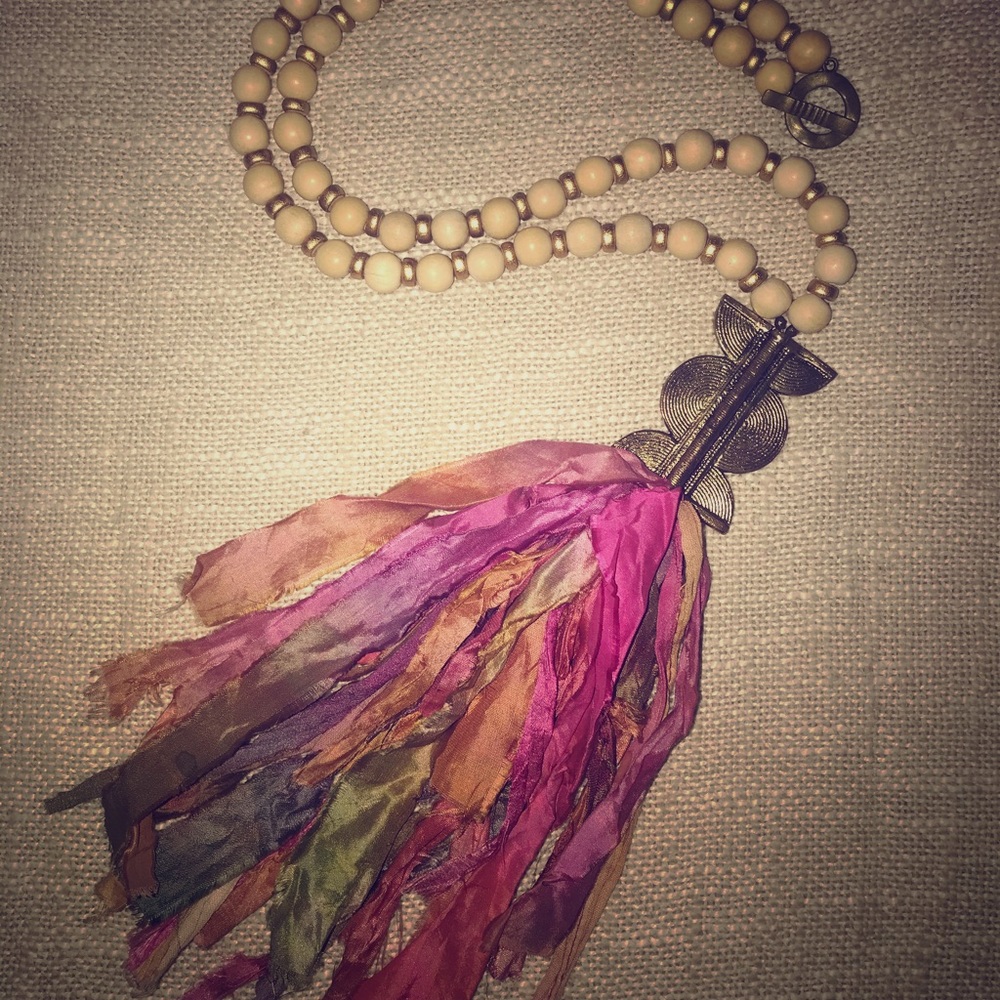 Silk tassel and wooden beaded necklace